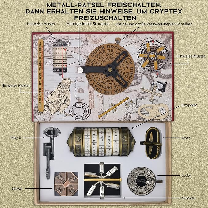 Da Vinci Code Mini Cryptex Metal Puzzle Box Set - 6PCS 3D Brain Teasers Party Game, Interlocking Lock IQ Challenge for Adults Teens (Classic)