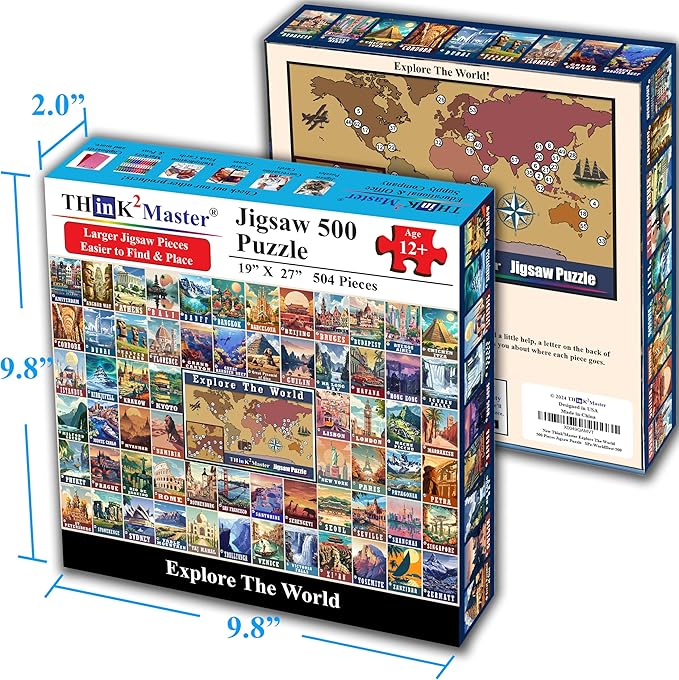 Think2Master Colorful Vintage World Travel Poster 500 pieces Large Format Jigsaw Puzzle for kids 12+, teens, adults & families. Great gift for people intent in traveling the World. Size: 26.8” X 18.9”