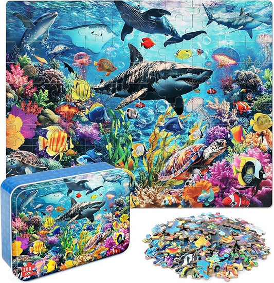 LELEMON Puzzles for Kids Ages 4-6,Underwater World 100 Piece Puzzles for Kids in a Metal Box, Educational Jigsaw Puzzles 100 Piece Puzzle Games Puzzle Toys for Girls and Boys