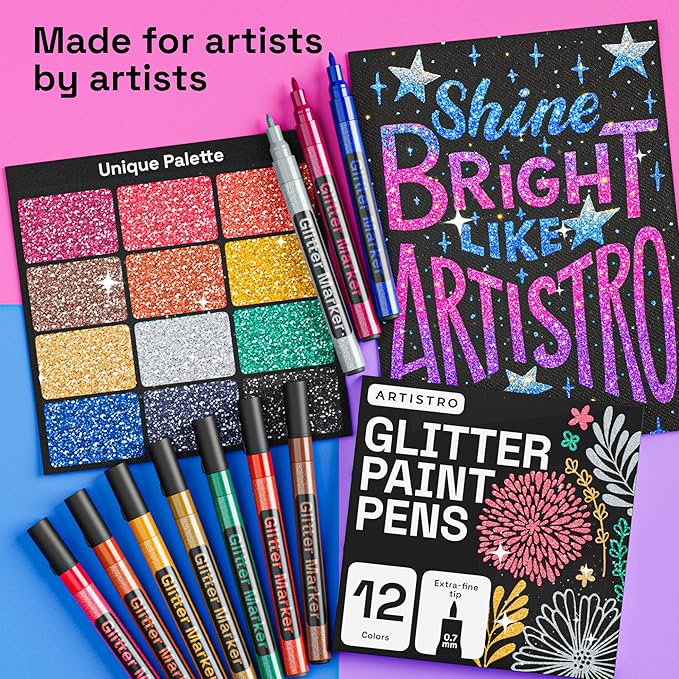 ARTISTRO 12 Glitter Paint Pens Sparkly and Shiny for Rock Painting, Stone, Ceramic, Glass, Wood, Fabric, Scrapbooking, DIY Craft Making, Coloring, Acrylic Glitter Markers Extra-Fine Tip 0.7mm