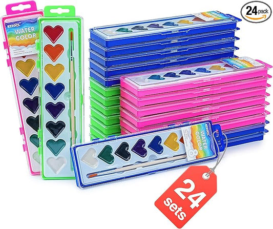 Watercolor Paint Sets Bulk, 24 pack 8 Colors Washable Paint Sets,Wooden Brushes, Idear Valentines Day Gift Christmas Gift for Preschool Classroom, Art School, Birthday Party Favors