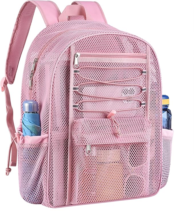 Mesh Backpack Heavy Duty for School, 24L Large Mesh Bookbag for Adults, Black School Bag with Comfort Padded Straps for Work Swimming Beach Fitness Sport(Pink)