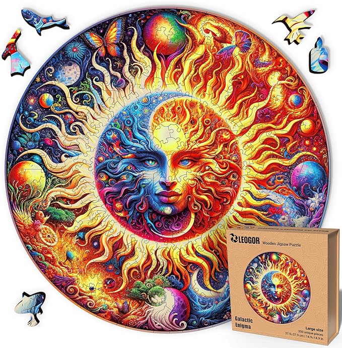 LEOGOR Wooden Jigsaw Puzzles for Adults 350 Pieces (14.9 × 14.9 in), Sun Moon Puzzle, Extra-Thick 5mm Wood, Round Mosaic Design with Unique Animal Shapes, Challenging Artistic Gift for Adults
