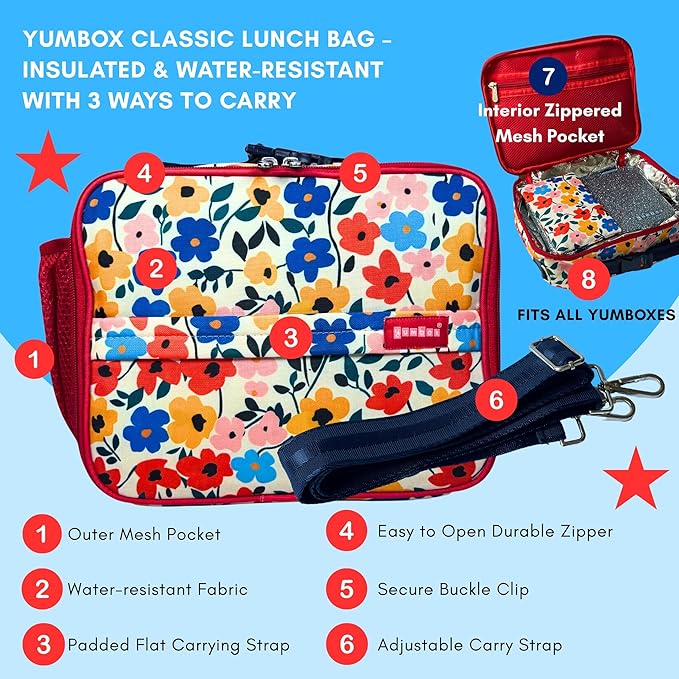 Yumbox Kids Lunch Bag, Holds Lunch Box and Water Bottle, 3 Ways to Carry, Zip Closure, Inside Zipper Netting, Wipe Clean Fabric with EVA lining for extra insulation, Poppy Flowers