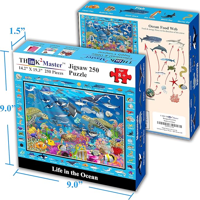 Think2Master Ocean Life 250 Pieces Jigsaw Puzzle Fun Educational Toy for Kids, Boys, Girls, School & Families. Great Gift for Boys & Girls Ages 8-10+ to Stimulate Learning. 14.2” X 19.3”