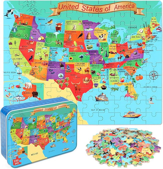 LELEMON Puzzles for Kids Ages 4-6,USA Map 100 Piece Puzzles for Kids Ages 4-8 in a Metal Box,Educational Jigsaw Puzzles 100 Piece Puzzle Games Puzzle Toys for Girls and Boys