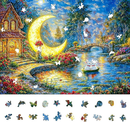 Jigsaw Puzzles for Adults 1000 Pieces, Painting Art Rabbit Moon Night Brain Challenging Unique Shaped Puzzle for Game Night, Family, Friends, Gift Puzzle