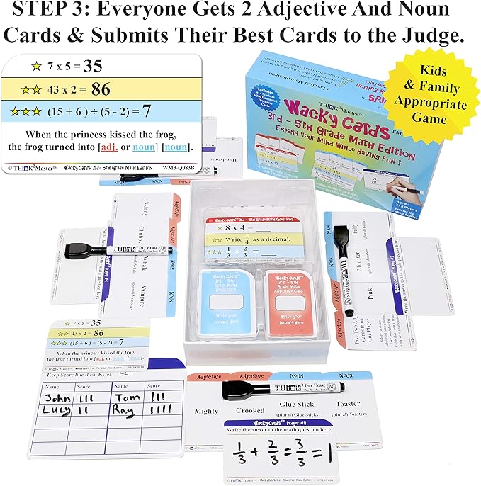 Think2Master Wacky Cards 3rd - 5th Grade. Math Card Game for Families & Classroom. Make Hilarious Sentences While Practicing Math Including Multiplication, Division & Algebra.