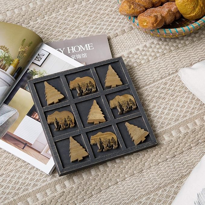 NIKKY HOME Cute Bear Decorative Wooden Board Travel Game Tic Tac Toe for Fun Coffee Table Decor