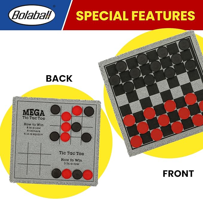 Bolaball 3-in-1 Giant Checkers, Tic Tac Toe Jumbo Game, 26"x26", Reversible Carpet, Indoor Outdoor Yard Board Game for Family and Friends with 24 Chips