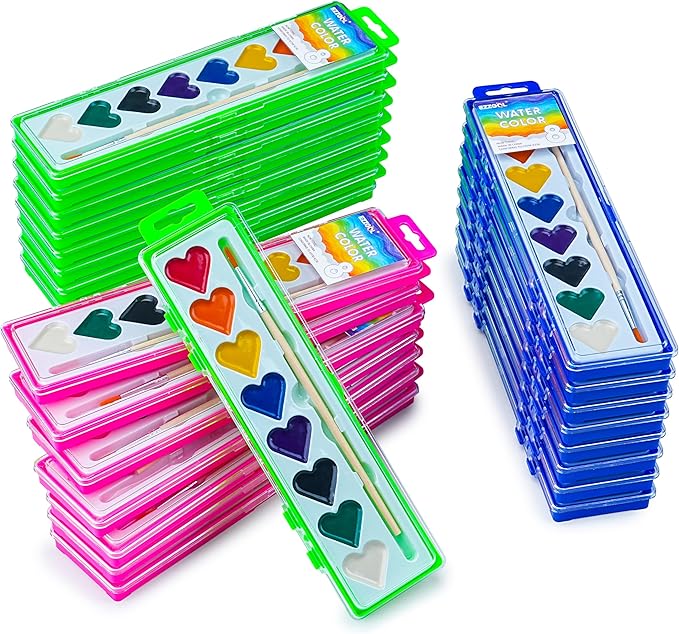 Watercolor Paint Sets Bulk, 24 pack 8 Colors Washable Paint Sets,Wooden Brushes, Idear Valentines Day Gift Christmas Gift for Preschool Classroom, Art School, Birthday Party Favors
