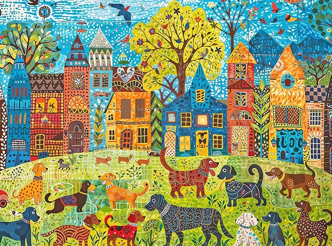 Cross & Glory - Colorful Canines: A Dog Park Day - 1000 Piece Folk Art Style Jigsaw Puzzle for Adults | Vibrant City Scene with Playful Pups | Perfect for Dog Lovers