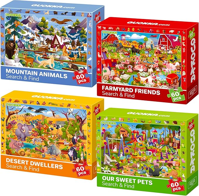 QUOKKA Puzzles for Kids Ages 4-6 - Toddler Puzzles Ages 3-5 - 4-Pack 60 Piece Search and Find Animals Jigsaw Puzzle 6-8 - Learning Toys for 3 Year Old Boys and Girls - Educational Games Gift