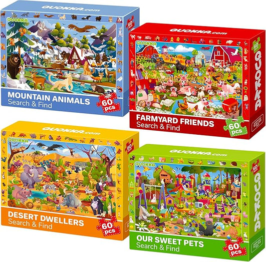 QUOKKA Puzzles for Kids Ages 4-6 - Toddler Puzzles Ages 3-5 - 4-Pack 60 Piece Search and Find Animals Jigsaw Puzzle 6-8 - Learning Toys for 3 Year Old Boys and Girls - Educational Games Gift