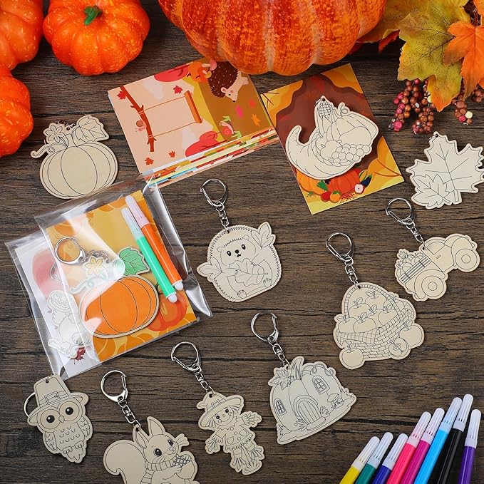 24 Sets Fall Thanksgiving Party Favors Autumn Unfinished Wooden Keychains Gifts Coloring Turkey Pumpkin Fall Leaves Scarecrow DIY Home Crafts for Thanksgiving Party Holiday Activities