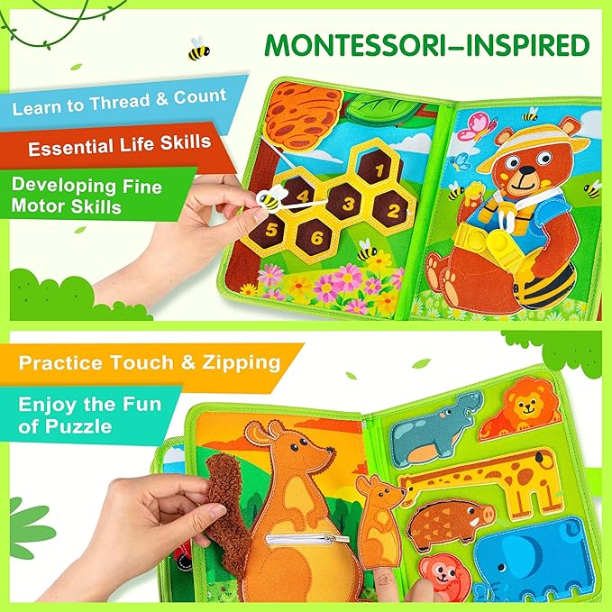 Quanquer Animals Busy Book for Toddlers 1-3 – Montessori Sensory Toys Busy Board for 1 Year Old, Educational Learning Activity Book, Quiet Travel Toy for Car & Airplane, Birthday Gifts for Age 1 2 3