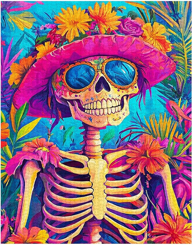 Tucocoo 1000 Pieces Jigsaw Puzzles for Adults Whimsical Cute Skeleton Painting Puzzle Tropical Skull Bright Art Puzzles for Challenging Family Activity Game Colorful DIY Puzzle Wall Decor Gifts