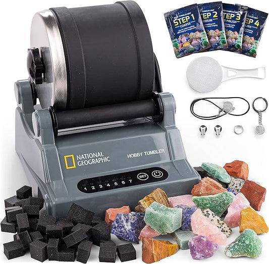 National Geographic Hobby Rock Tumbler Kit – Durable Leak-Proof Rock Polisher with 7-Day Timer, Complete Rock Tumbling Kit with Grit, Jewelry Settings & GemFoam Polish, Educational STEM Science Kit