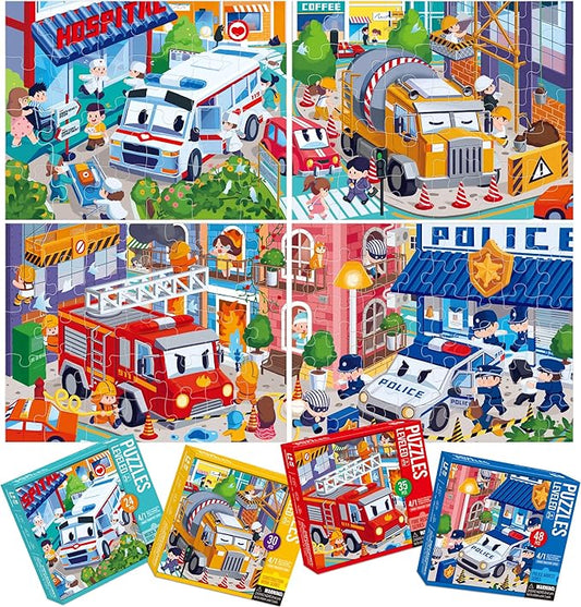 Dotimo 4-in-1 Vehicle Puzzles for Toddlers 3-5 – Fire Truck, Police Car, Ambulance & Cement Mixer Puzzles, 24/30/35/48 Piece Educational Games with Storage Box