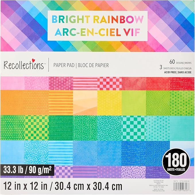 12" x 12" Bright Rainbow Paper Pad by Recollections - Premium Scrapbook & Crafting Paper for DIY Projects, Card Making, & Decorative Arts, 180 Sheets