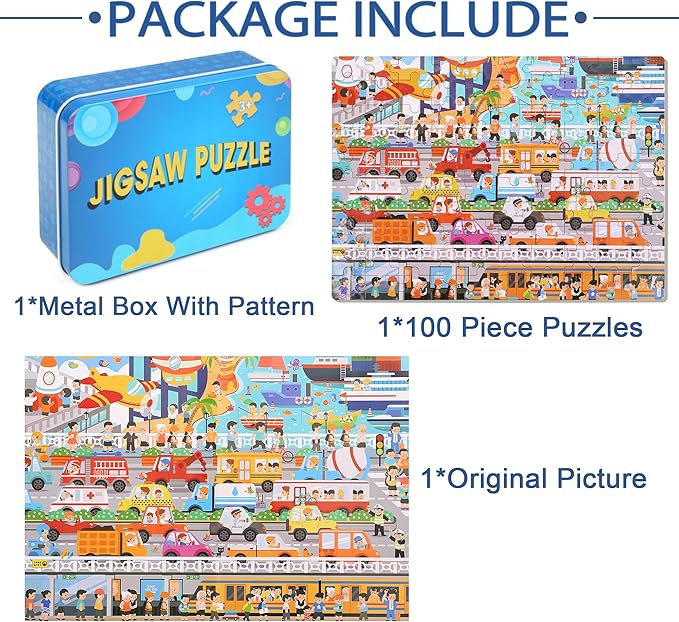 LELEMON Puzzles for Kids Ages 4-8,Communications 100 Piece Puzzles for Kids,Educational Kids Puzzles Ages 6-8 Jigsaw Puzzles in a Metal Box,Cool Puzzles Toys Puzzle Games for Girls and Boys