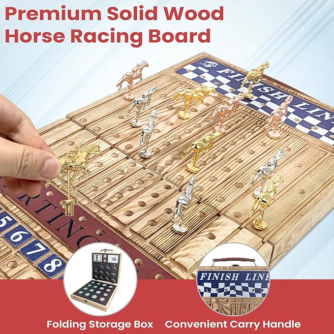 23-Inch Premium Horse Racing Board Game – Foldable Wooden Horse Race Board Game with 11 Numbered Metal Horses, Dice, Cards, and 80 Poker Chips for Parties & Friendly Betting
