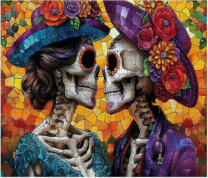 Tucocoo Day of The Dead Skull Jigsaw Puzzles for Adults 1000 Pieces, Romantic Bride and Groom Stained Glass Style Art DIY Puzzles for Home Decoration Gifts, Family Puzzle Perfect for Game Nights