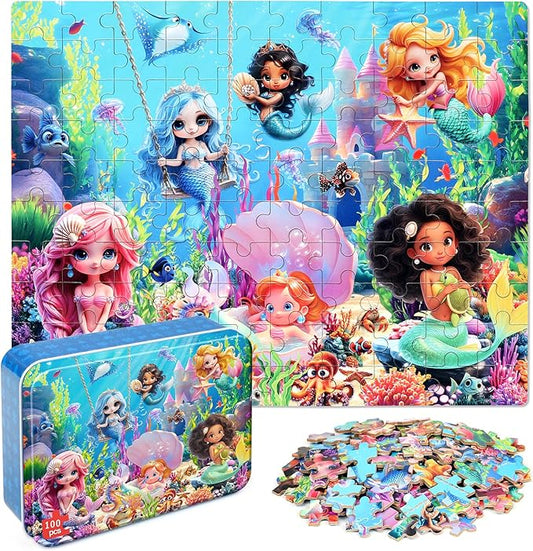 Mermaid Princess Puzzles for Kids Ages 4-8, 100 Pieces Jigsaw Puzzles for Kids Ages 3-5 Puzzle for Girls and Boys Learning Educational Puzzles Toys in a Metal Box