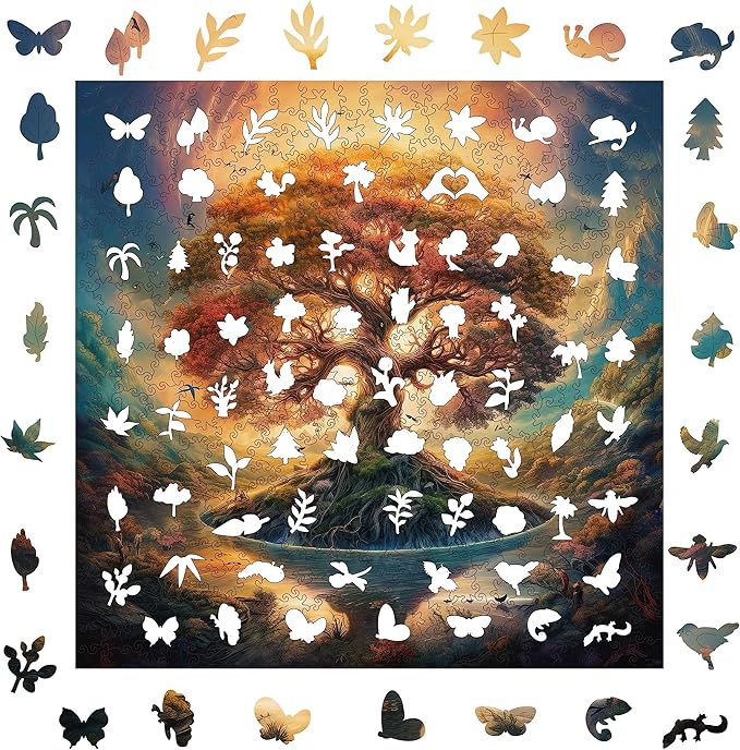 Wooden Jigsaw Puzzle for Adults and Kids Unique Shape Wood Colorful Beautiful Box Fun Challenge Brain Health Family Game Creative Gift for Friends Rompecabezas Madera(Tree of Life 500pcs)