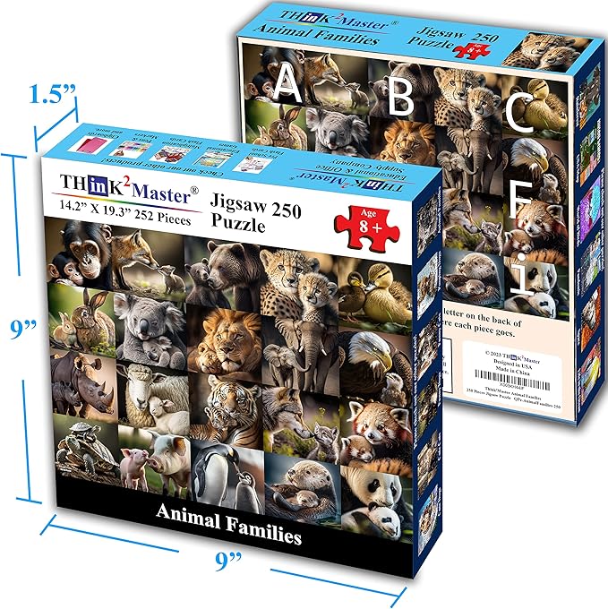 Think2Master Animal Families 250 Pieces Jigsaw Puzzle Featuring heartwarming Parent and Child Pairs. Fun Toy for Kids, School & Families. Great Gift for Boys & Girls Ages 8+. Size: 14.2” X 19.3”