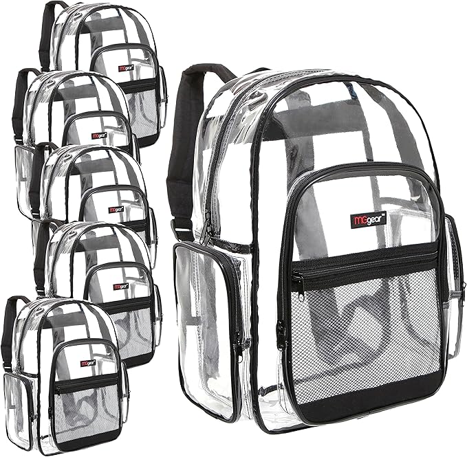 Wholesale Bulk Case 20-Pack Clear Backpack with Black Trim - 17 Inch Large Heavy Duty Transparent School Bags for Student Work Travel Stadium Security