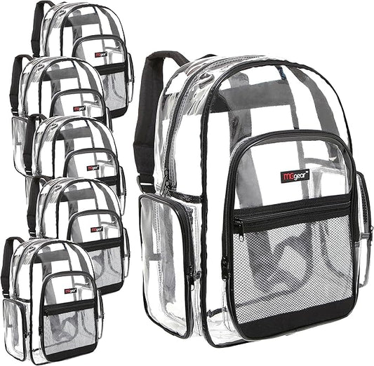 Wholesale Bulk Case 20-Pack Clear Backpack with Black Trim - 17 Inch Large Heavy Duty Transparent School Bags for Student Work Travel Stadium Security