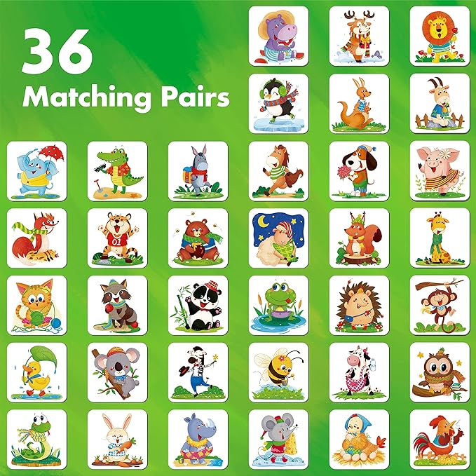 Memory Matching Game, 72 PCS Animals Matching Cards for Toddlers 36 Designs Memory Cards Educational Learning Toys for Preschool 4 5 6 Years Old