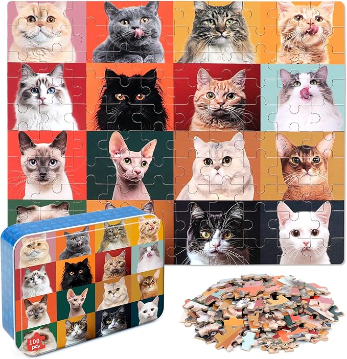 LELEMON Fun Cats Puzzles for Kids Ages 4-8,100 Pieces Cute Cats Jigsaw Puzzles in a Metal Box,Animal Pet Learning Educational Puzzles for Boys Girls