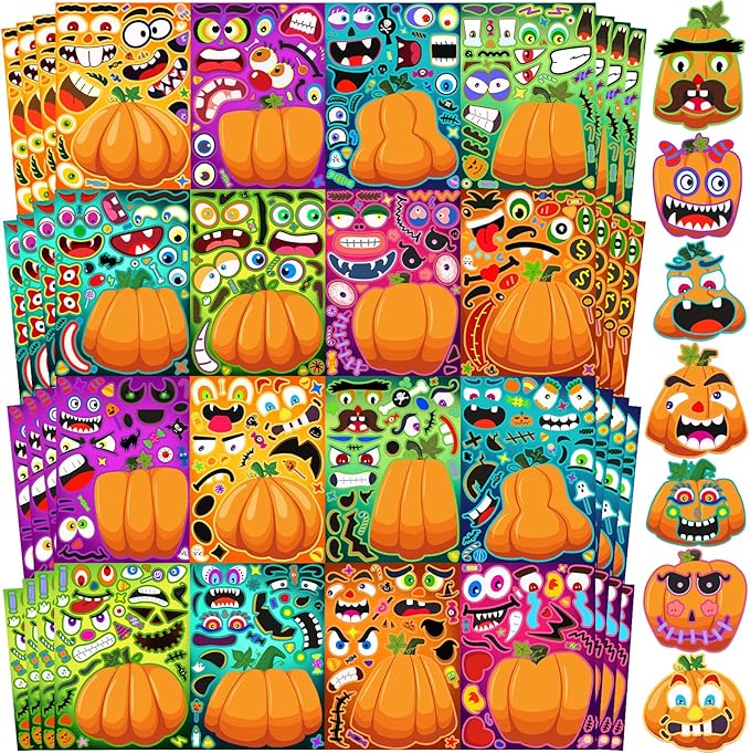 Natonhi 64 Sheets Halloween Crafts Pumpkin Make a Face Stickers for Friend, 16 Designs Halloween Party Favors Pumpkin Face Stickers Fall Games Activities Supplies