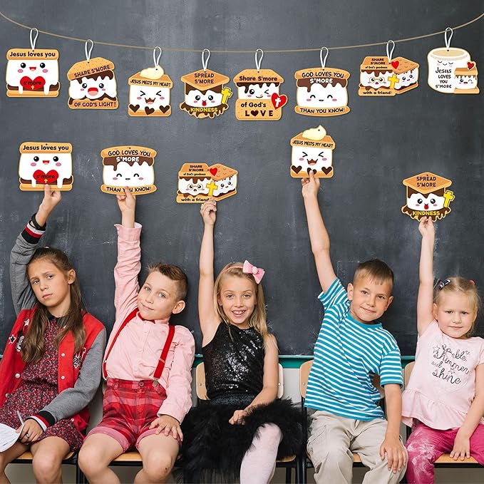 ANGOLIO Marshmallow Religious Ornament Craft Kit - 123Pcs Jesus Loves You S'More DIY Paper Craft Kit Make Your Own Marshmallow Hanging Ornament with Sticker for Kids VBS Sunday School DIY Art Activity