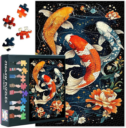 1000 Piece Puzzle for Adults Koi Fish - Jigsaw Puzzles 1000 Pieces, Hard Difficult Challenging Puzzle Blooming Flowers (27.5"x19.7"), Family Game Night Gift & Home Decor (Animal Theme)