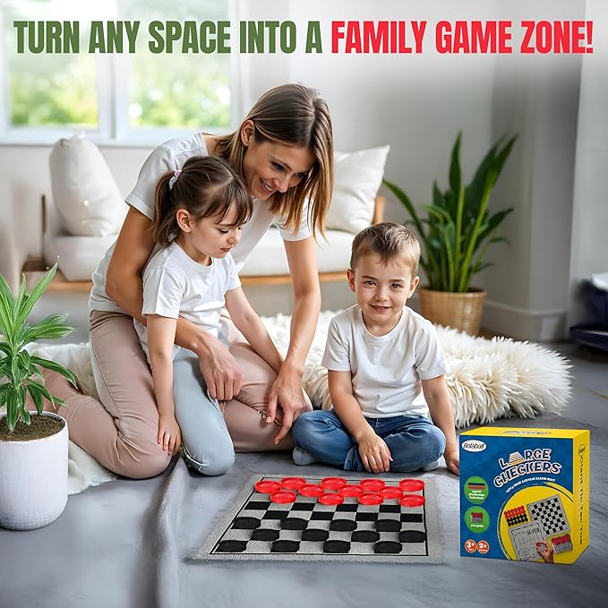 Bolaball 3-in-1 Checkers, Tic Tac Toe Jumbo Game, Reversible Carpet, Indoor Outdoor Yard Board Game for Family and Friends with 24 Chips (Large Checker)