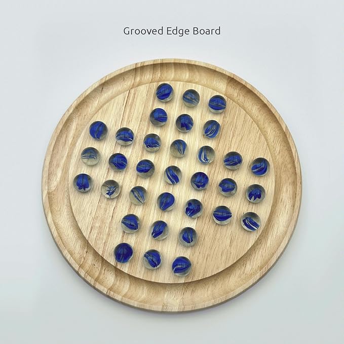 Marble Solitaire Board Game Set - Wooden Round Board with Glass Marbles for Family Game Night, Strategy Puzzle Toys for Adults Kids, Classic Peg Solitaire Game by WOWME
