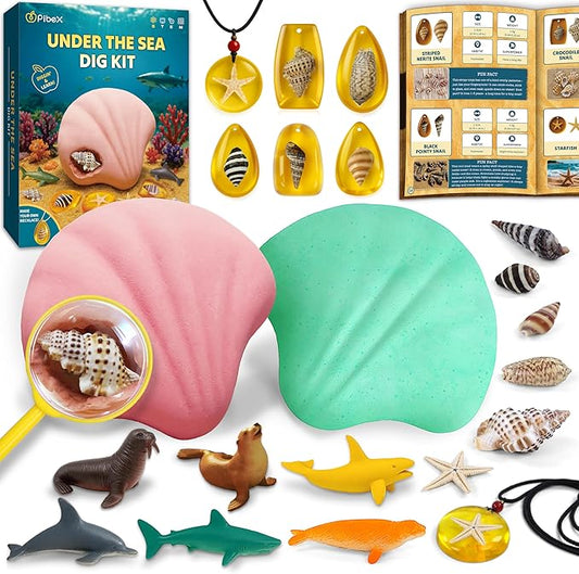 Under-The-Sea Dig Kit – Dig & Discover 18 Real Shell Fossils, Amber Jewelry & Sea Animal Creatures – Ocean Necklace Making & STEM Excavation Activity Toy for Kids Ages 6+