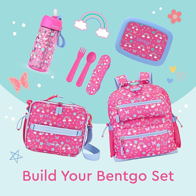 Bentgo Kids Backpack - Lightweight 14” Backpack in Fun Prints for School, Travel, & Daycare, Ideal for Ages 4+, Roomy Interior, Durable & Water-Resistant Fabric, & Loop for Lunch Bag (Rainbows)