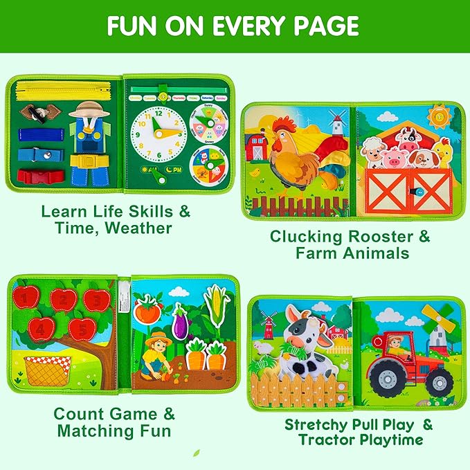 Quanquer Montessori Busy Book for Toddlers 1-3 - Farm Animal Sensory Busy Board for 1 Year Old Boys and Girls, Educational Travel Toy for Airplane Car Activities, Birthday Christmas Toddler Gifts