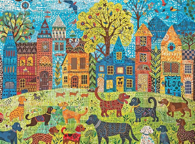 Cross & Glory - Colorful Canines: A Dog Park Day - 1000 Piece Folk Art Style Jigsaw Puzzle for Adults | Vibrant City Scene with Playful Pups | Perfect for Dog Lovers