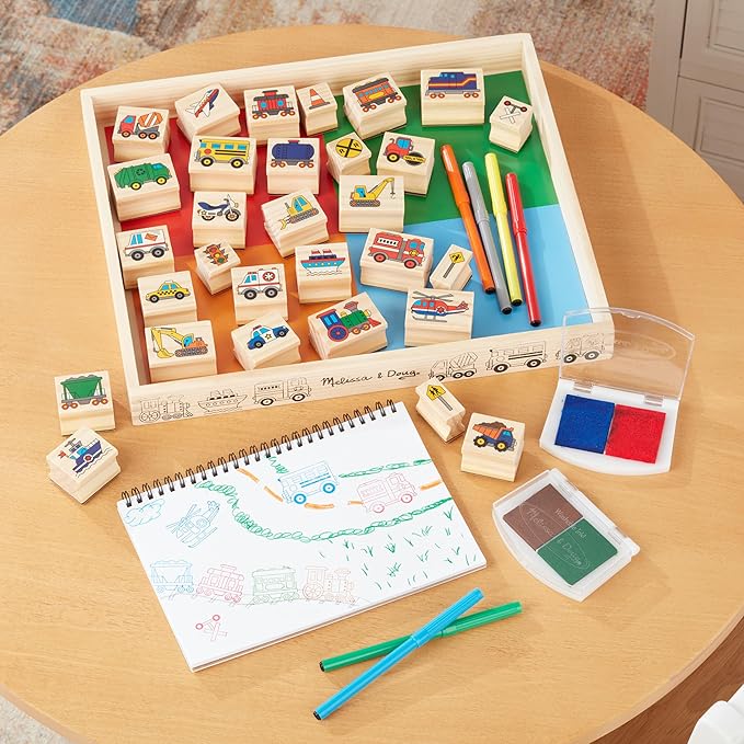 Melissa & Doug Deluxe Wooden Stamp and Coloring Set – Vehicles (30 Stamps, 6 Markers, 2 Durable 2-Color Stamp Pads)