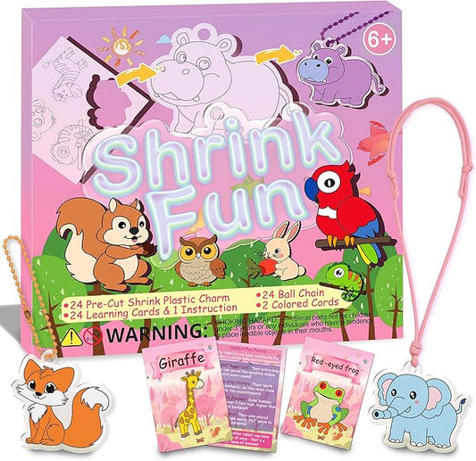 Shrink Fun 75PCS Shrinky Dinks Sheets Craft Kits for Kids, Includes 24 Pre Cut Forest Animal Charms, 24 Learning Cards and More, Keychain&Necklace Making Kit for Girls, Ideal Party Favor Age 6+
