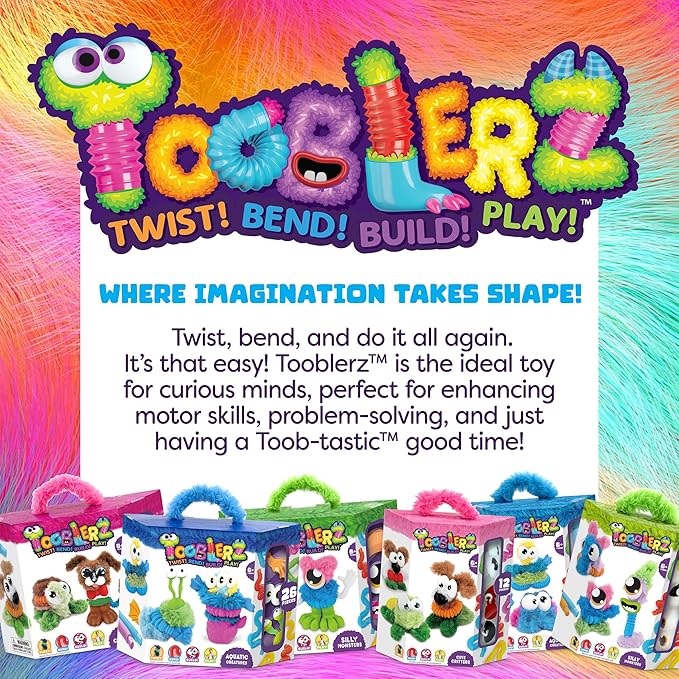 WeVeel TOOBLERZ Silly Monsterz Medium Set – 12-Piece Mix-and-Match Craft Kit for Kids – Includes Fuzzy Chenille Sticks, Fidget Tubes & Character Accessories – Creative Toy for Ages 6+