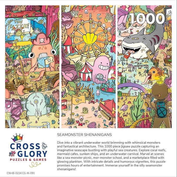 Cross & Glory - Seamonster Shenanigans - 1000 Piece Jigsaw Puzzle for Adults & Kids 12+ | Colorful Underwater Scene with Whimsical Sea Creatures | Family Fun