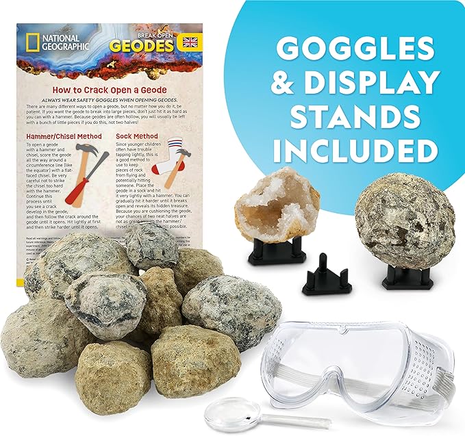 NATIONAL GEOGRAPHIC Break Open 15 Premium Geodes Science Kit - Goggles, Detailed Learning Guide, 3 Display Stands, Great STEM Science Toy & Educational Gift