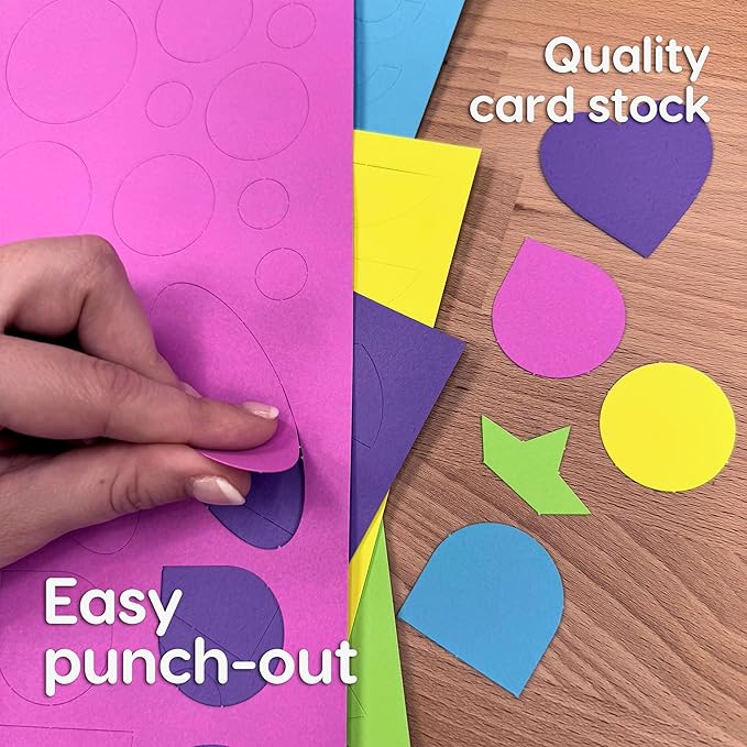ARTshapes 840 pc Creative Paper Shapes Pack with 70+ Idea Guide - US Made Card Stock - Punch Out Funky DIY Craft Supplies for Whimsical Art Designs, Paper Crafts, and Pattern Play 5 Happy Colors