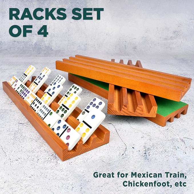 Queensell Domino Holders for Classic Board Games - Wooden Domino Racks Set of 4 - Mexican Train Dominoes Accessories - Domino Trays for Tiles Family Games (Large)